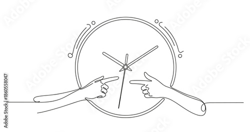 Continuous line drawing of clock with hands pointing, symbolizing time and coordination, no editable stroke