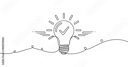 Continuous line drawing of a light bulb with check mark symbolizing creative ideas, no editable stroke