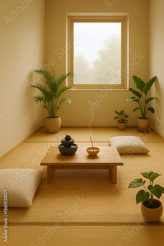 zen meditation room with tatami mats, low table, cushions, plants, and incense creating peaceful atmosphere and spiritual retreat interior design