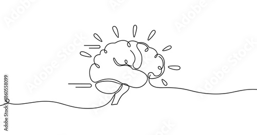 Continuous line drawing of a brain with decorative elements on white background, no editable stroke