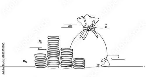 Line art illustration of money bag and coin stacks symbolizing wealth and savings, no editable stroke