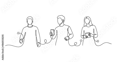 Line art trio: diverse adults with devices sharing connection, no editable stroke