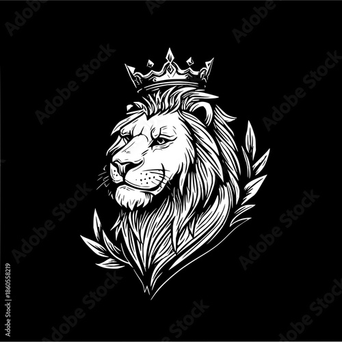 Illustration of a majestic lion head wearing a crown with leaves on a black background design style