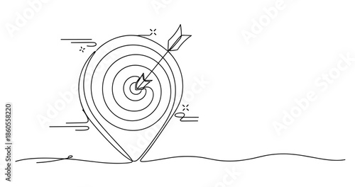 Target location symbol with arrow hitting bullseye in minimalist line art style, no editable stroke