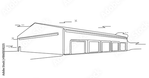 Minimalist outline of industrial warehouse building with multiple entrance bays, no editable stroke
