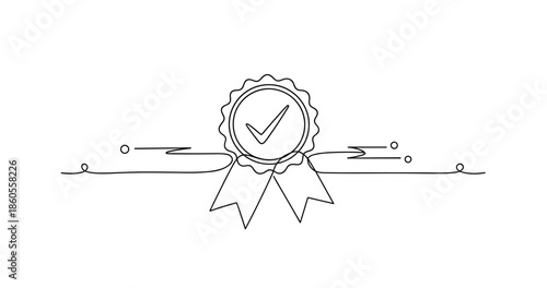 Artistic continuous line drawing of a certificate with check mark emblem, no editable stroke