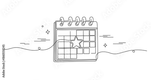 Hand-drawn calendar with star icon highlighting a specific date, no editable stroke