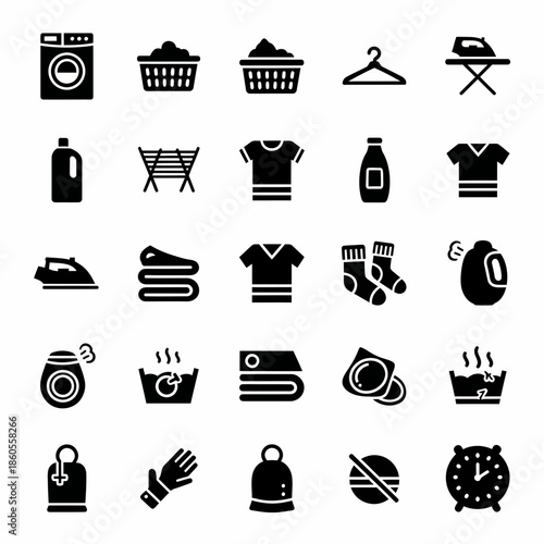 Laundry room icons with washing machine, clothes basket, hanger, iron, detergent, and clothing items