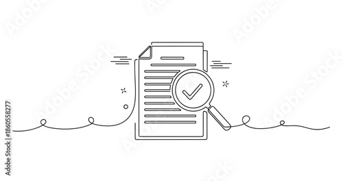 Line art document with magnifying glass and checkmark illustration, no editable stroke