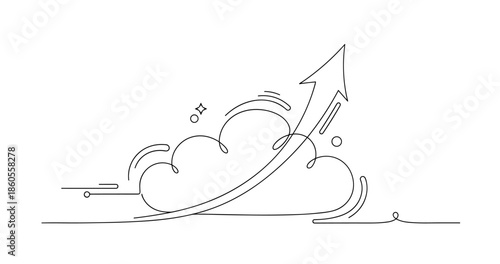 Continuous line art of cloud with upward arrow symbolizing growth and progress, no editable stroke