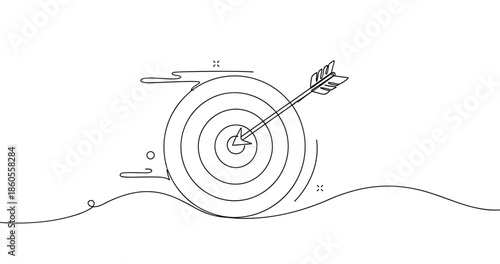 Arrow striking bullseye in archery target with dynamic line art style, no editable stroke