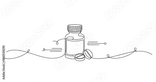 Minimalist line art of medicine bottle with two open capsules, no editable stroke
