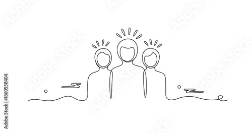 Minimalist line drawing of three people with creative expressions, no editable stroke