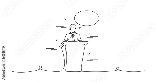 Young caucasian male speaker giving presentation at podium, no editable stroke
