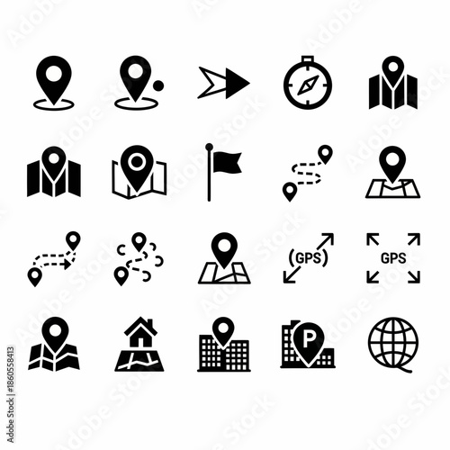 Set of black location pin icons for navigation, travel, and map applications