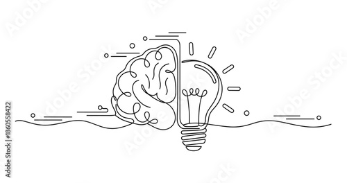 Abstract line art of brain and lightbulb symbolizing creativity and innovation, no editable stroke