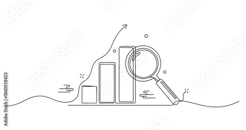 Line art illustration of increasing graph with magnifying glass for data analysis, no editable stroke