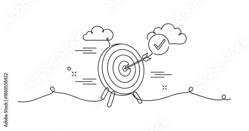 Bullseye target with arrow and check mark in minimalist style, no editable stroke
