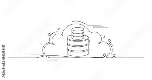 Cloud computing concept with database integration in minimalist line art, no editable stroke