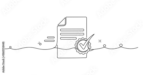 Document approval illustration with checkmark and certification symbol, no editable stroke