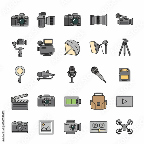 Collection of photography and videography equipment, including cameras, microphones, lights, and accessories for professional content creation