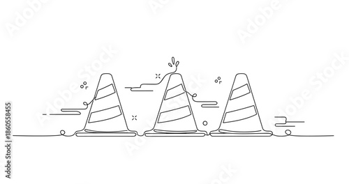 Line art trio of safety cones with creative pattern and splash effects, no editable stroke
