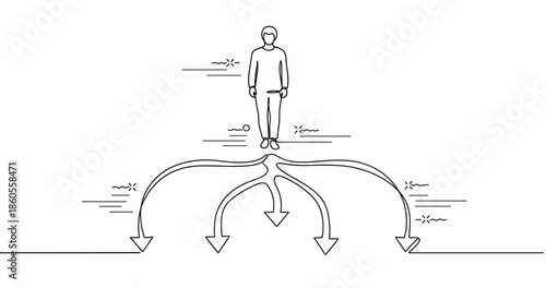 Decision-making concept with male character and arrows, no editable stroke