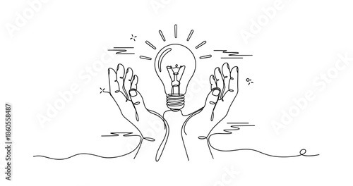 Creative concept of hands holding a light bulb representing an idea, no editable stroke