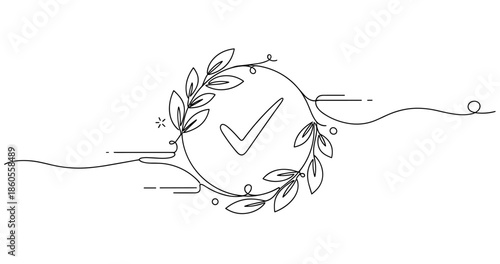 Elegant floral checkmark in circular line art design, no editable stroke