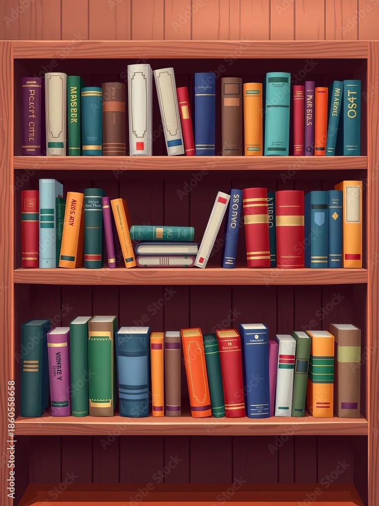 Fototapeta premium A simple, clean illustration of a wooden bookshelf, filled with various books , clean, minimalist
