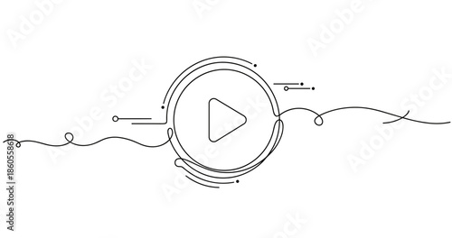 Minimalist line art play button with abstract digital elements, no editable stroke