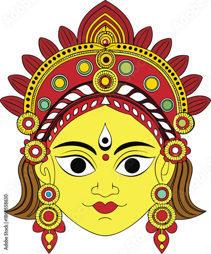 Yellow face deity with red and yellow headdress vector