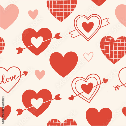 Seamless pattern of stylized red and pink hearts with arrows and plaid designs, perfect for Valentine's Day, wedding, and romantic celebrations on a cream background