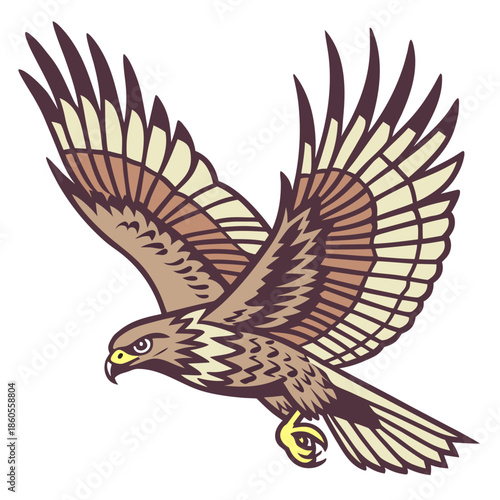 A majestic hawk soars with outstretched wings exhibiting detailed feather patterns and a focused predatory gaze in flight