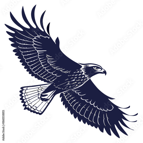 A striking illustration of a majestic eagle in flight depicted with detailed wings and a powerful focused gaze