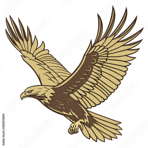 An illustration depicting a majestic eagle in flight with outstretched wings showcasing detailed feather patterns and intense gaze