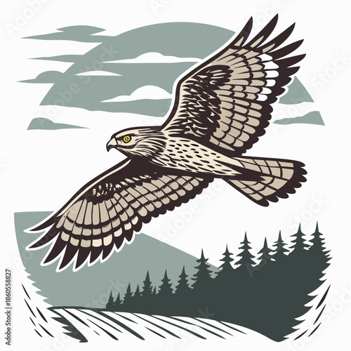 A majestic hawk soars through the sky with outstretched wings over a landscape of forests and fields below