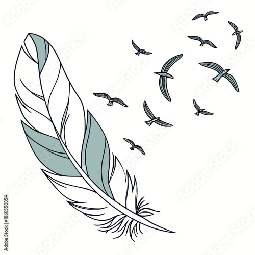 A delicate illustration depicts a single feather alongside a small flock of birds taking flight symbolizing freedom and lightness