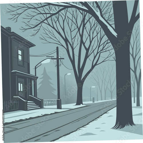 A serene winter street scene depicts snow covered sidewalks and bare trees lining a quiet residential neighborhood