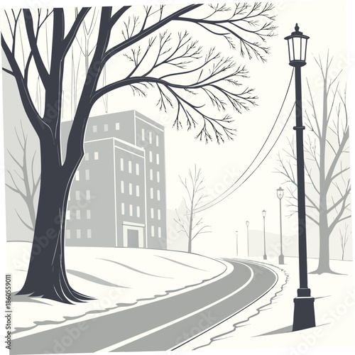 A grayscale winter landscape features a winding road bare trees a building and vintage street lamps in a serene setting