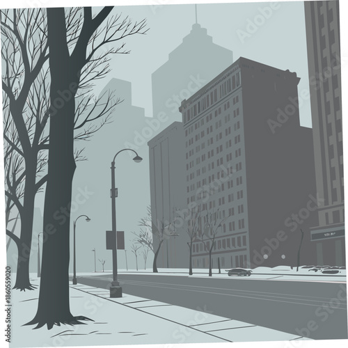 A grayscale cityscape unfolds with bare trees a quiet street and towering buildings shrouded in a misty winter atmosphere