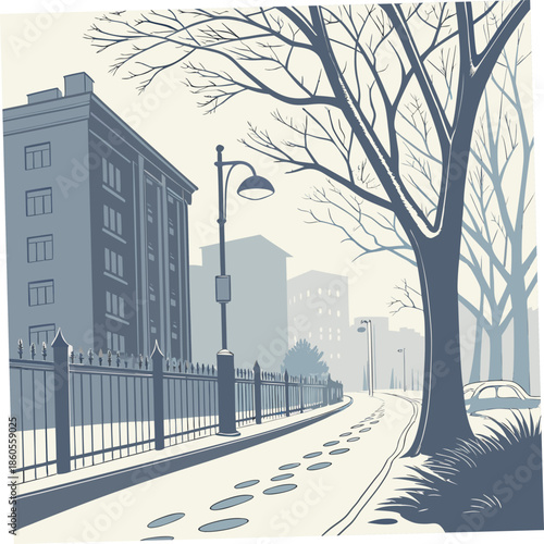A serene winter cityscape depicts a quiet street with bare trees buildings and a soft muted color palette