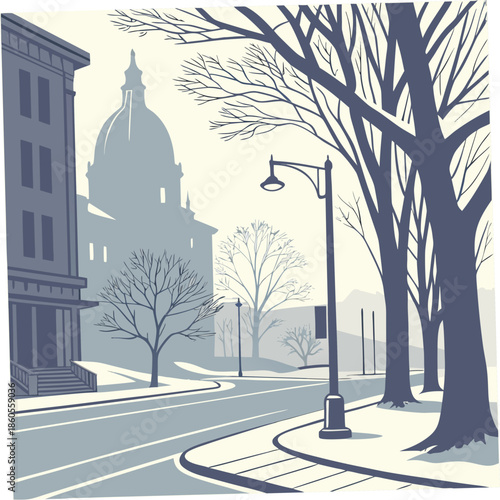 A serene winter scene depicting a city street leading towards a prominent domed building and bare trees