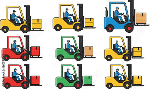 Colorful forklift truck vector illustration set with operator carrying boxes isolated warehouse logistics transport equipment icons collection