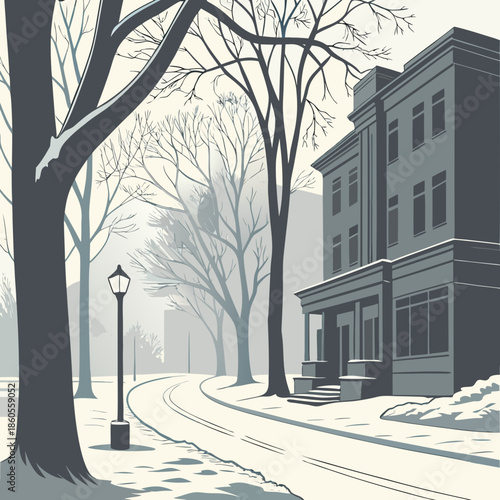 A serene winter street scene depicts a curving road with bare trees and a stately building on a foggy day