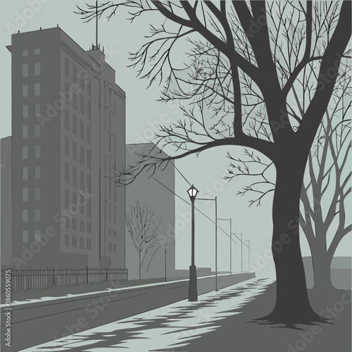 A grayscale illustration depicts a tall building and bare trees alongside a quiet street with a lone streetlight