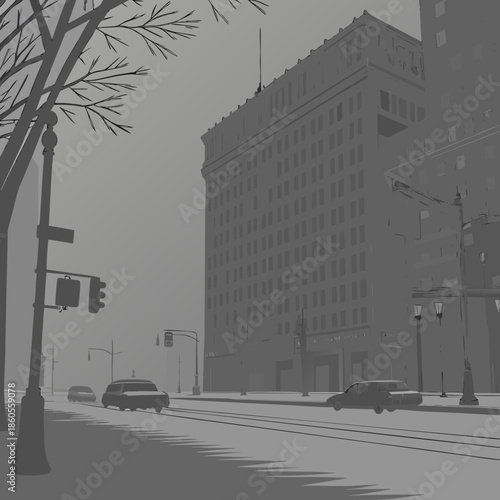 A grayscale depiction of a city street scene with a large building bare trees and an overcast sky creating a