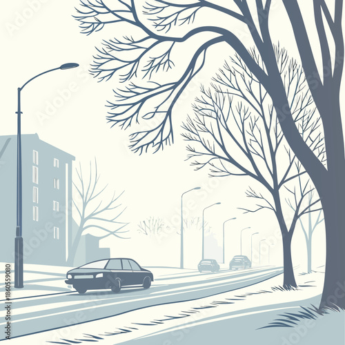 A wintry street scene features bare trees a snow covered road distant buildings and a few vehicles traveling along the
