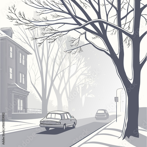 A grayscale illustration depicts a quiet residential street lined with bare trees and a light snowfall high quality