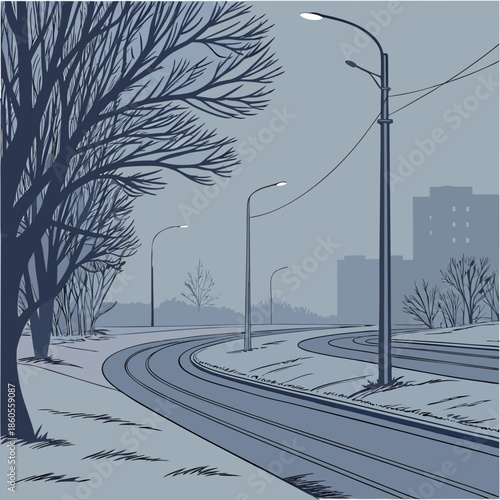 A serene winter scene depicts a curved road lined with bare trees and illuminated by streetlights in a quiet city